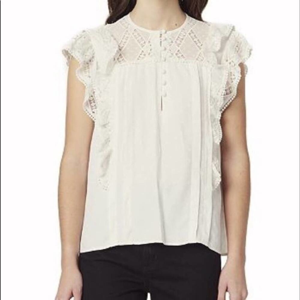Sandro Paris Marka Lace/Embroidered Ruffle Short Sleeve Cream Top